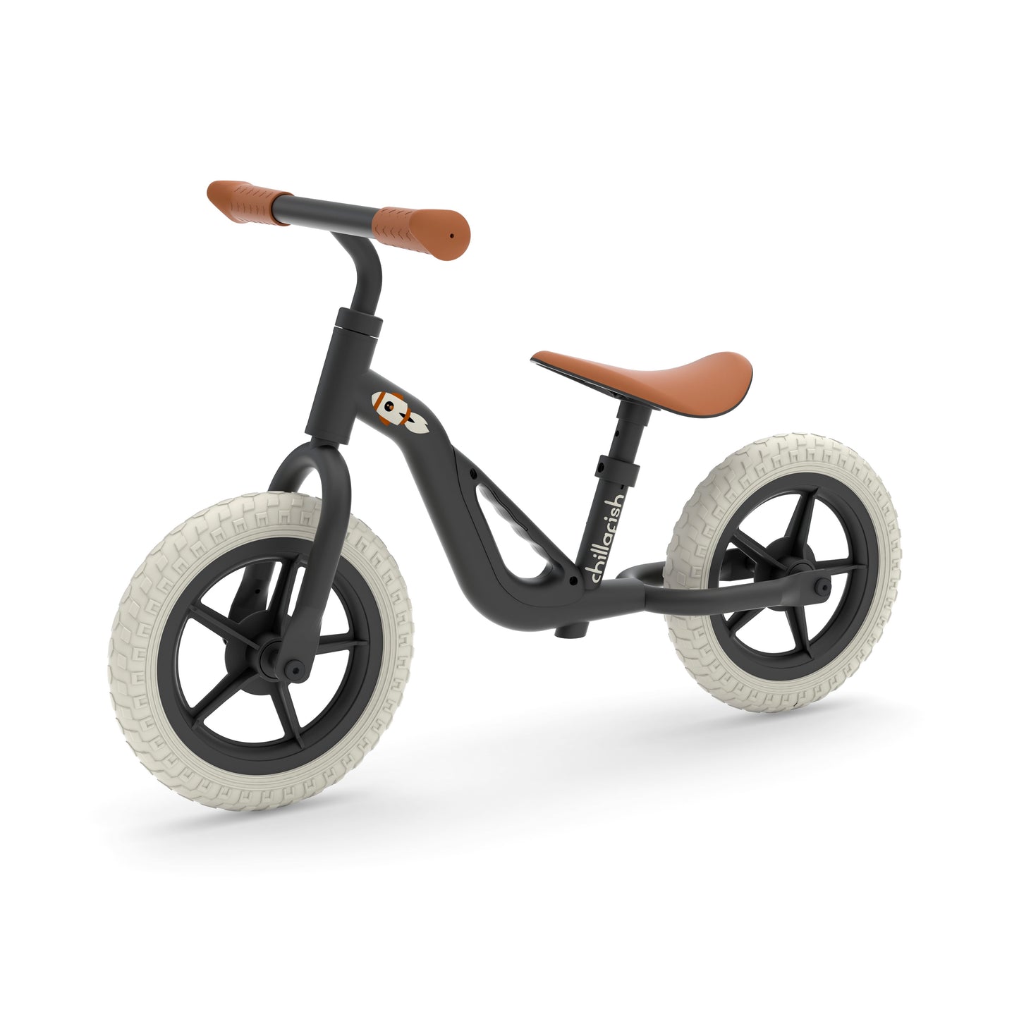 Children's balance bike with black frame and brown handlebar and seat on a white background