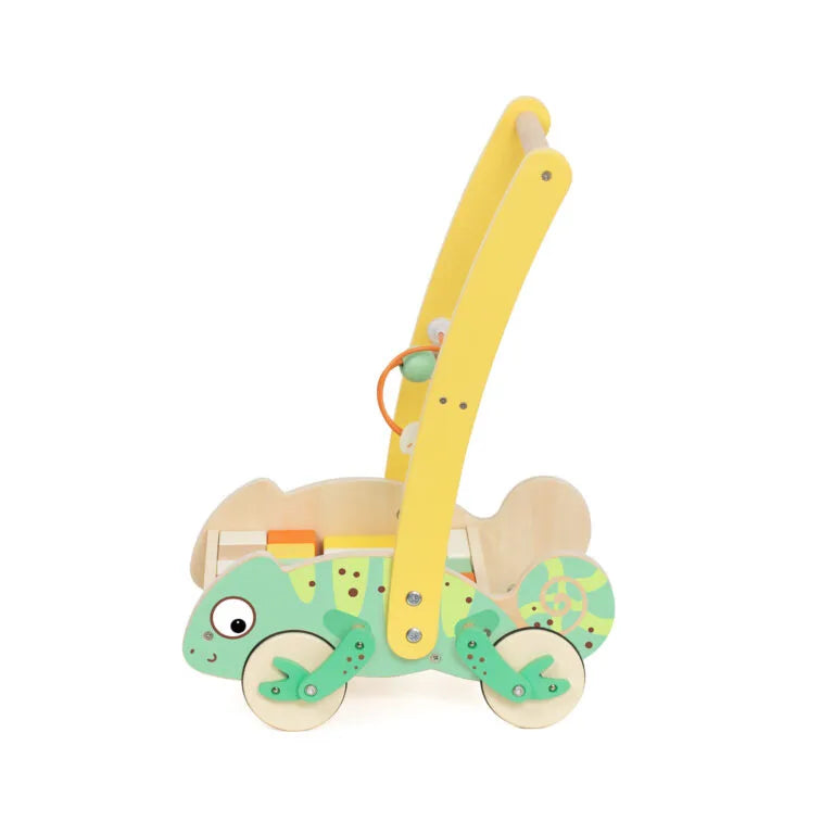 Wooden toy with a green dinosaur design on a white background