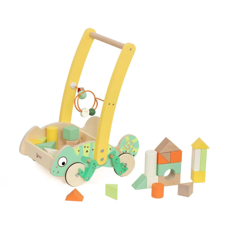 Wooden toy with a yellow handle and colorful blocks on a white background