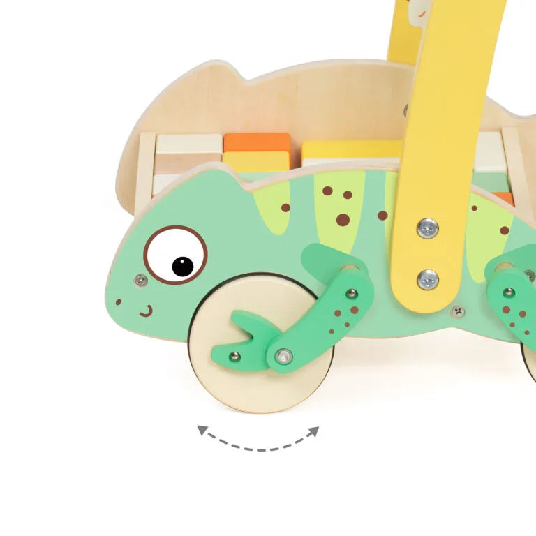 Children's wooden toy with a green chameleon design on a white background