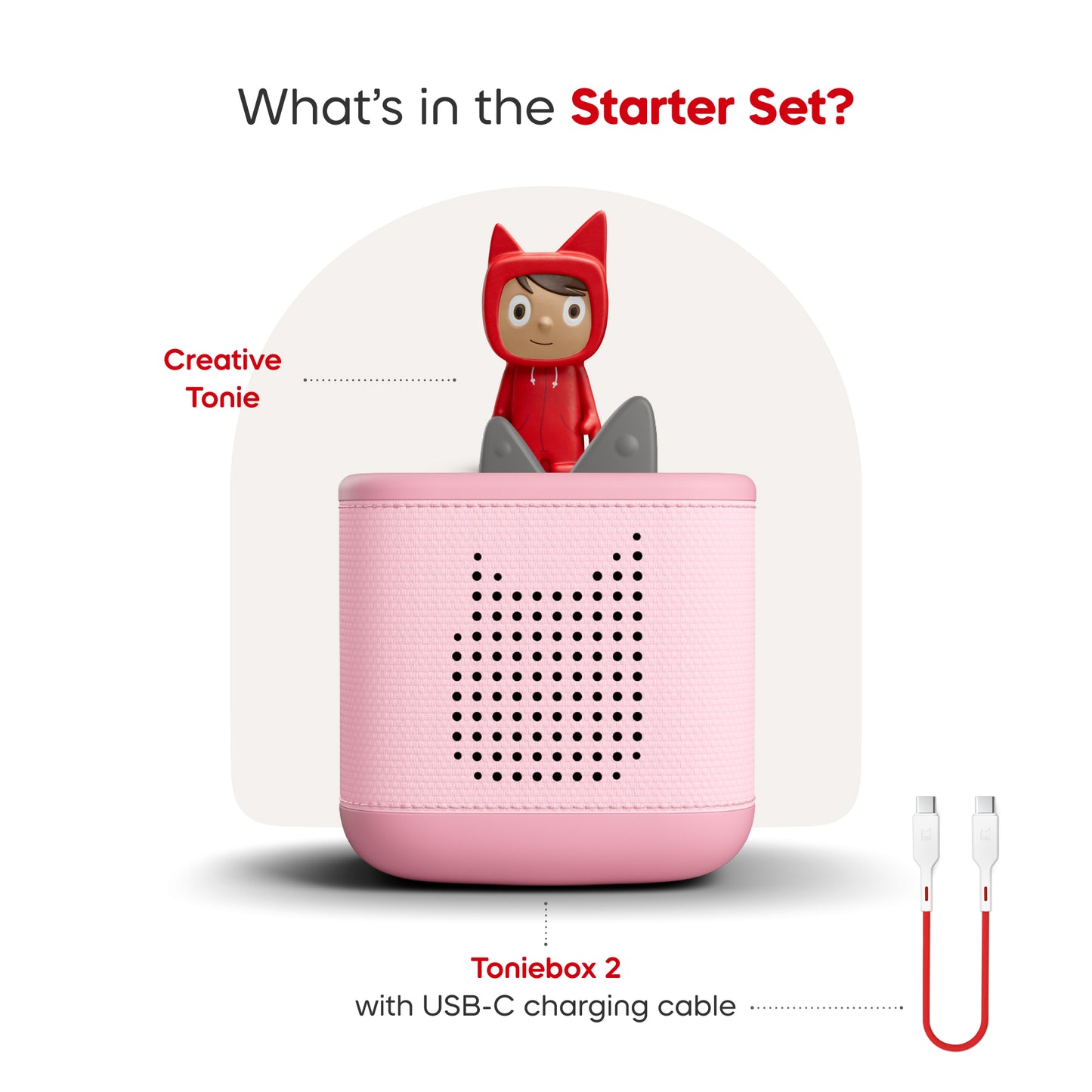Toniebox 2 with USB-C charging cable and Creative Tonie on a white background