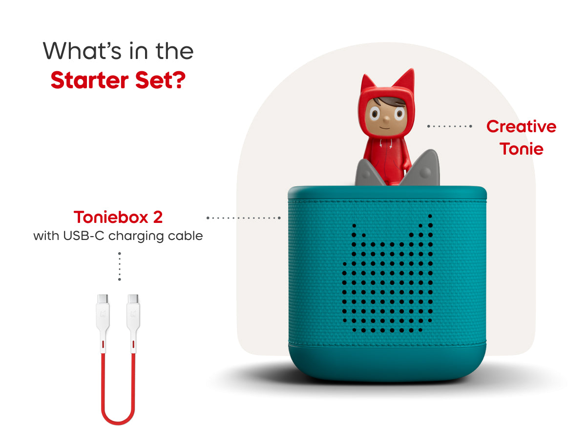Toniebox 2 with USB-C charging cable and Creative Tonie toy on a white background