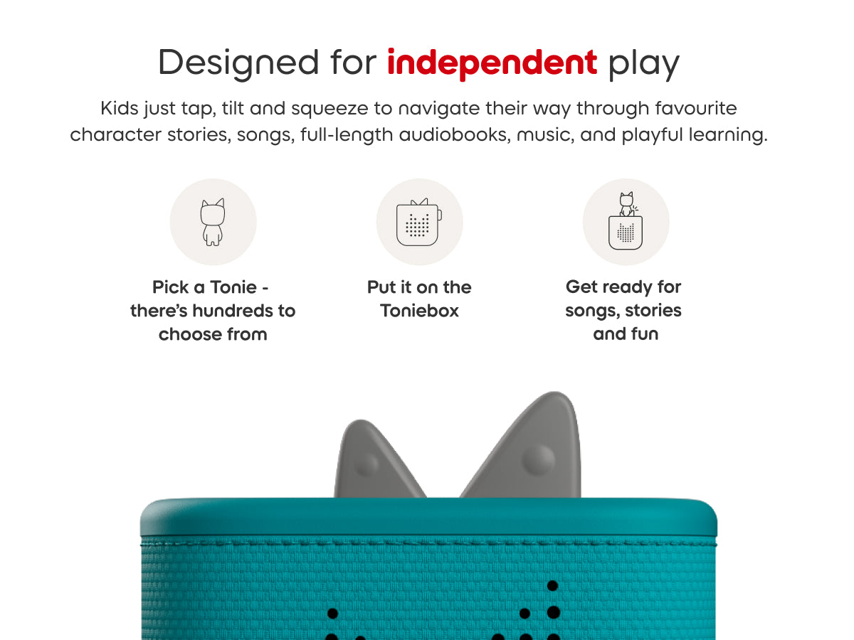 Teal device with gray accents on a white background, featuring text about independent play and product usage.