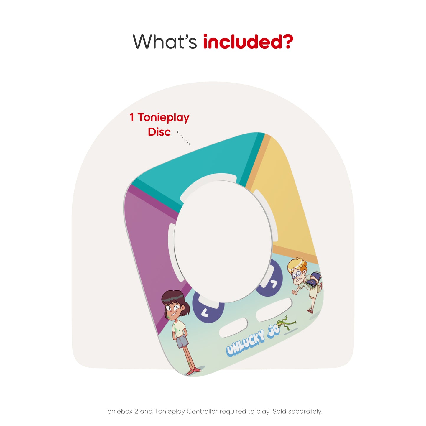 Colorful Tonieplay Disc with cartoon characters on a white background