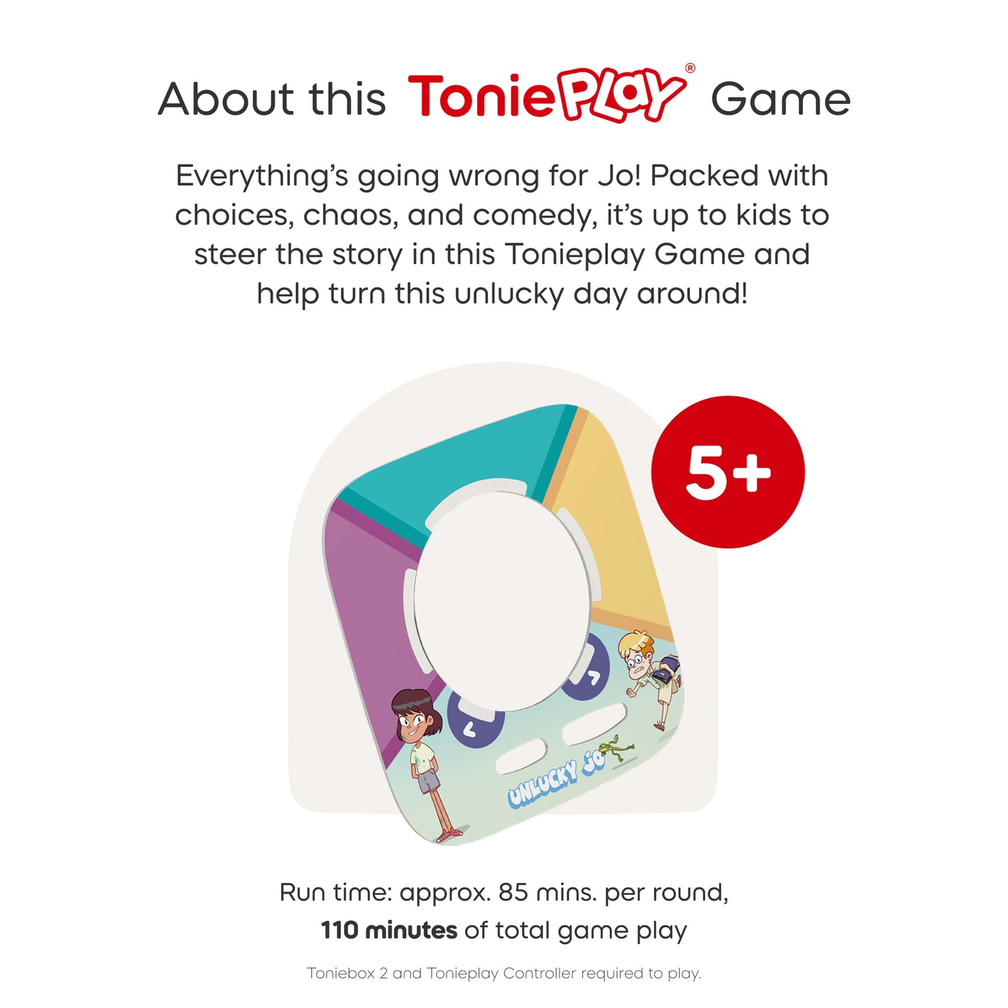 ToniePlay game packaging with colorful design and text about the game's features.