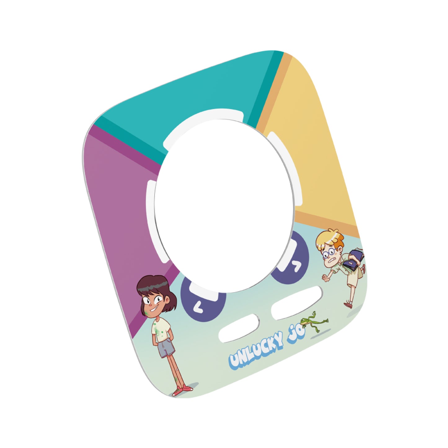 Colorful plastic product with cartoon characters on a white background