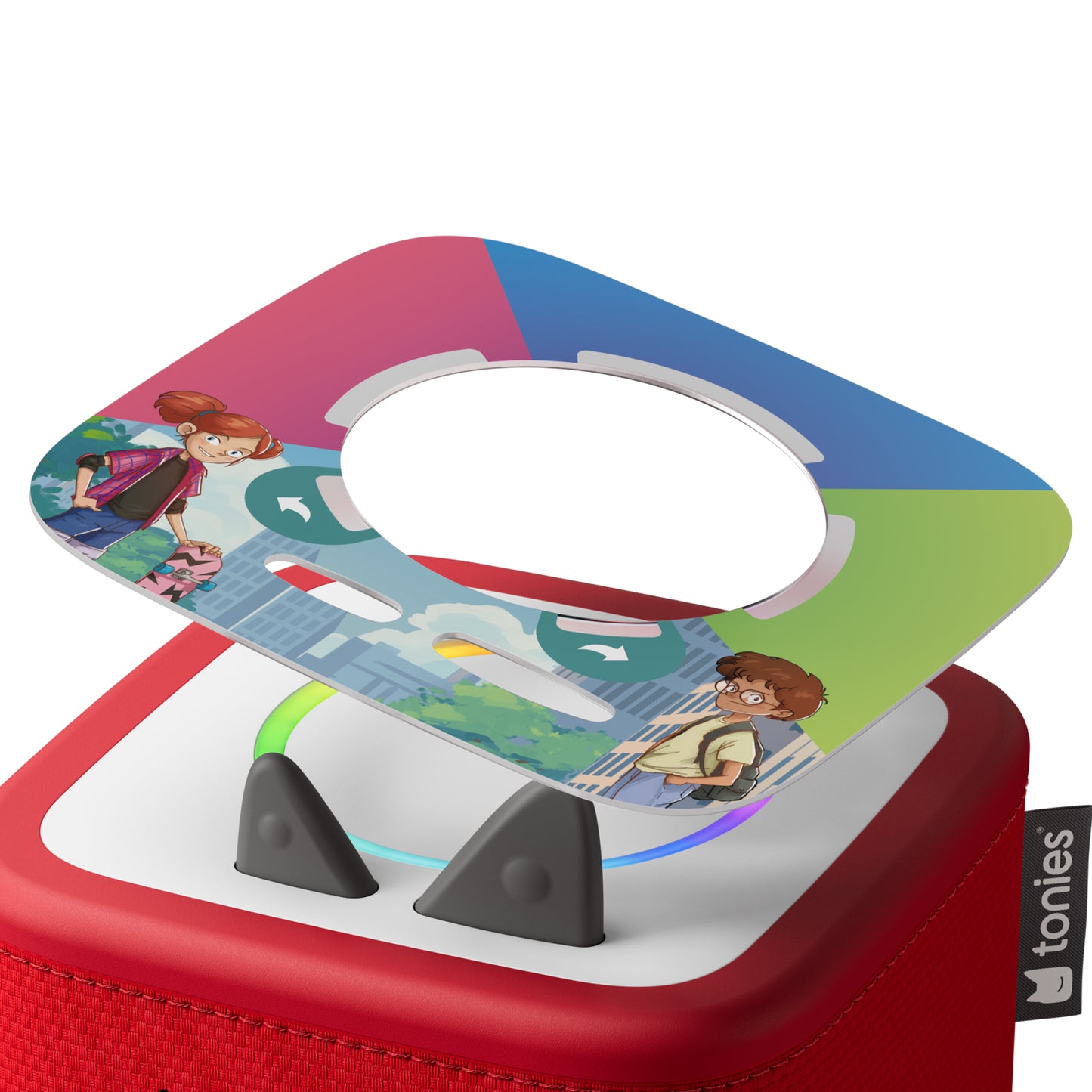 Colorful toy with cartoon characters on a white background