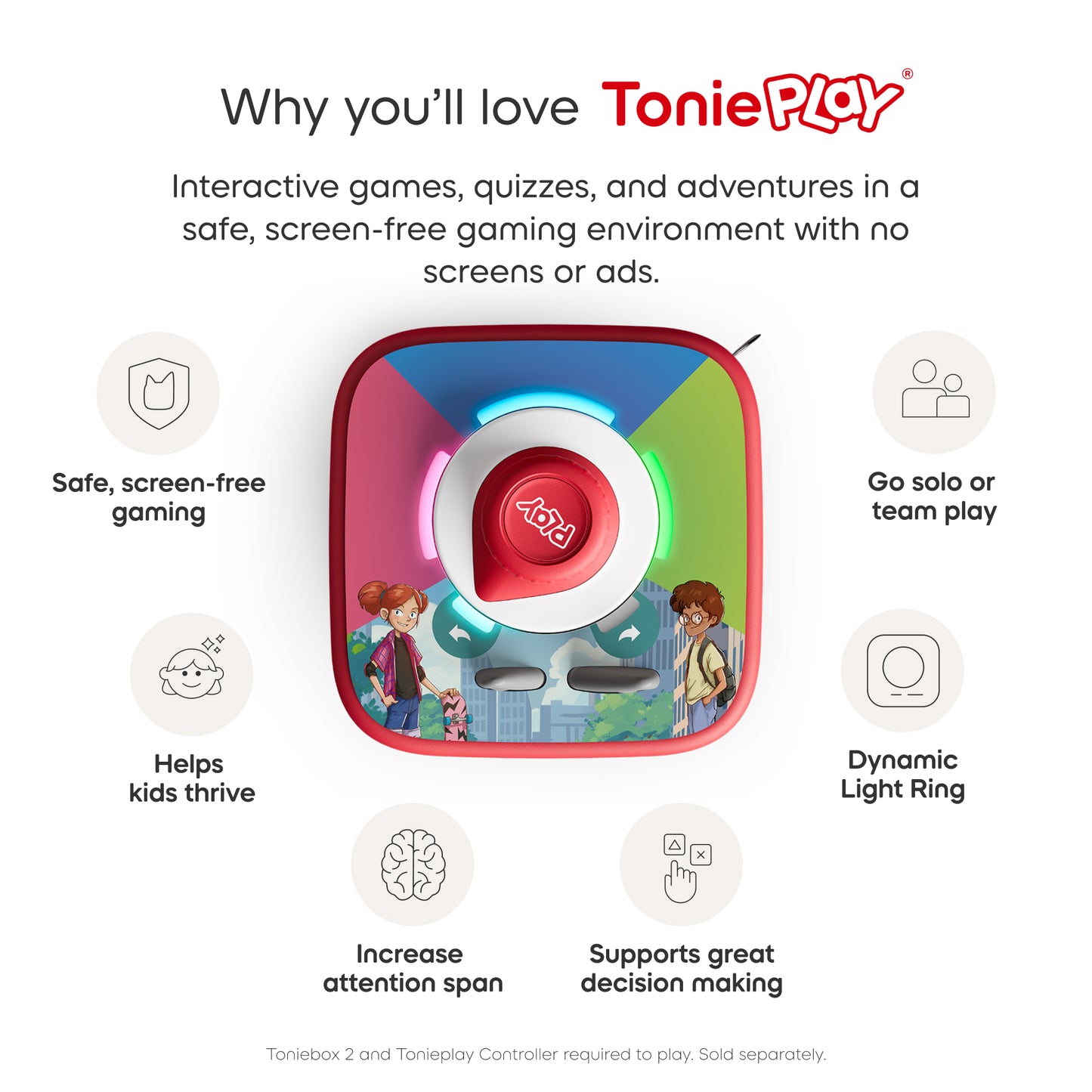 ToniePlay product with features listed on a white background