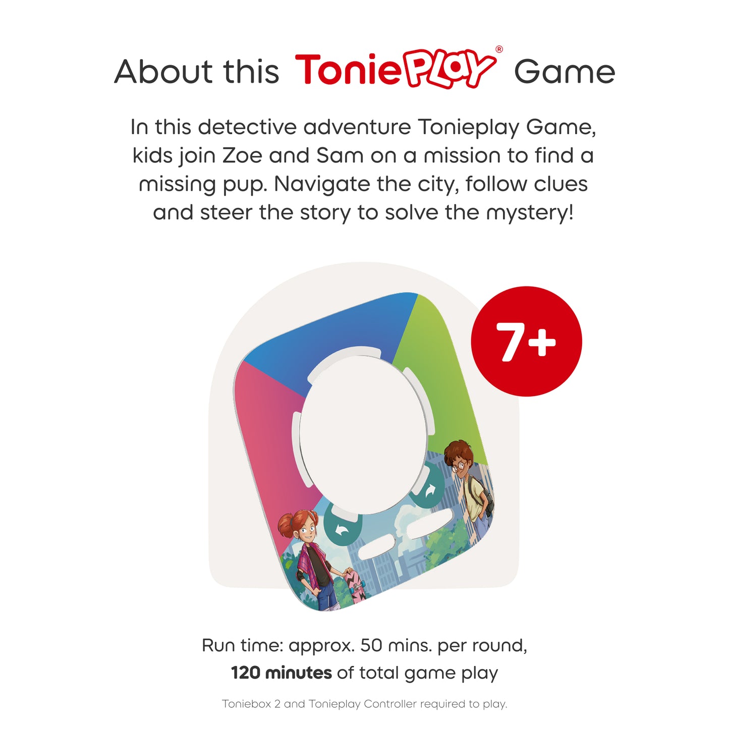 ToniePlay game packaging with colorful design and text about the game's content.