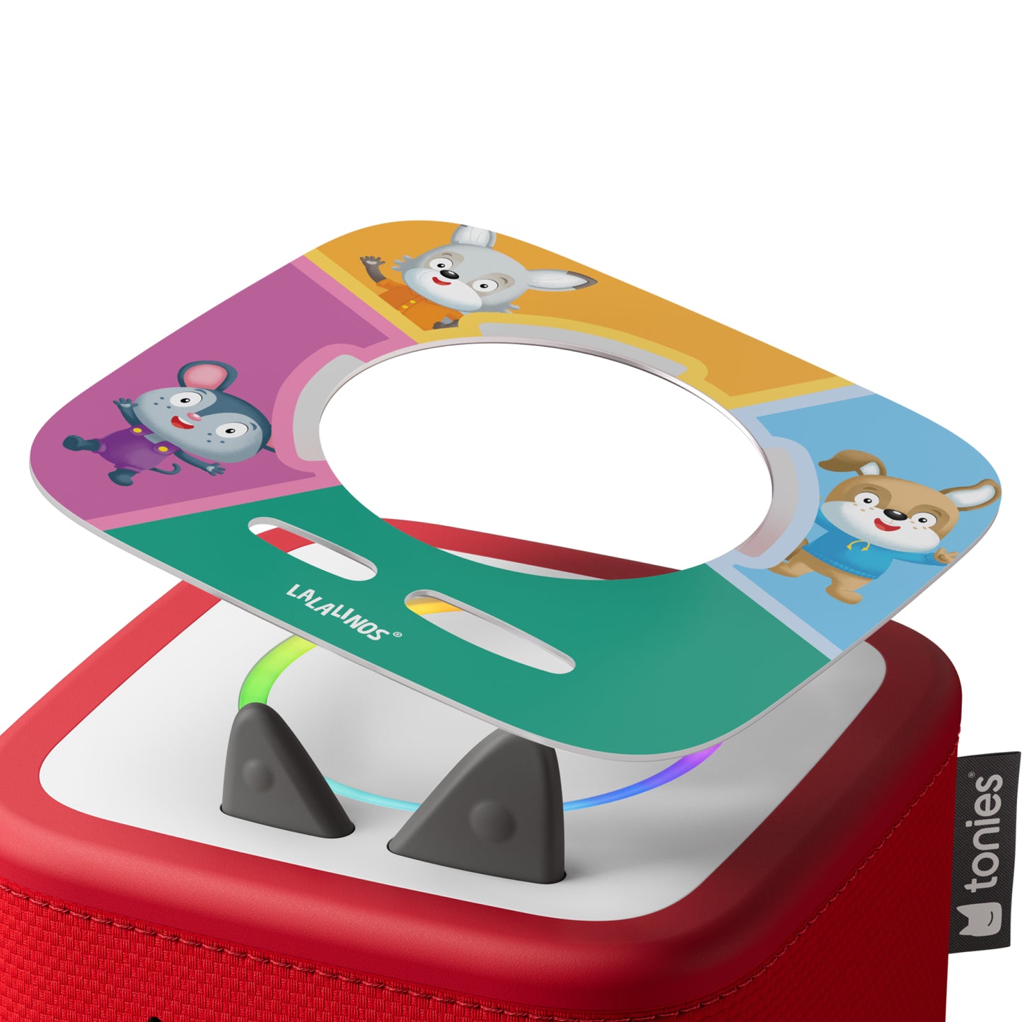 Colorful toy with animal illustrations and a red base, featuring the Tonies brand.