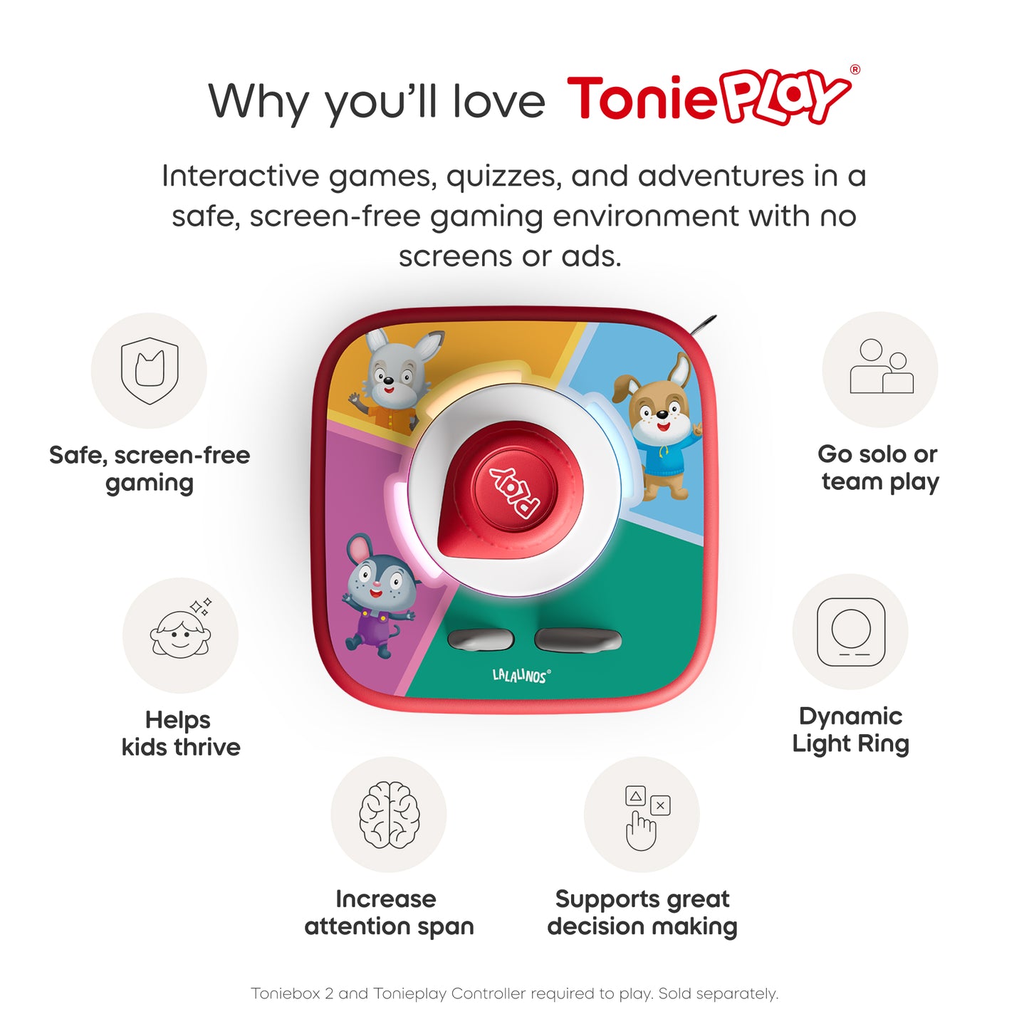 ToniePlay product with features listed on a white background