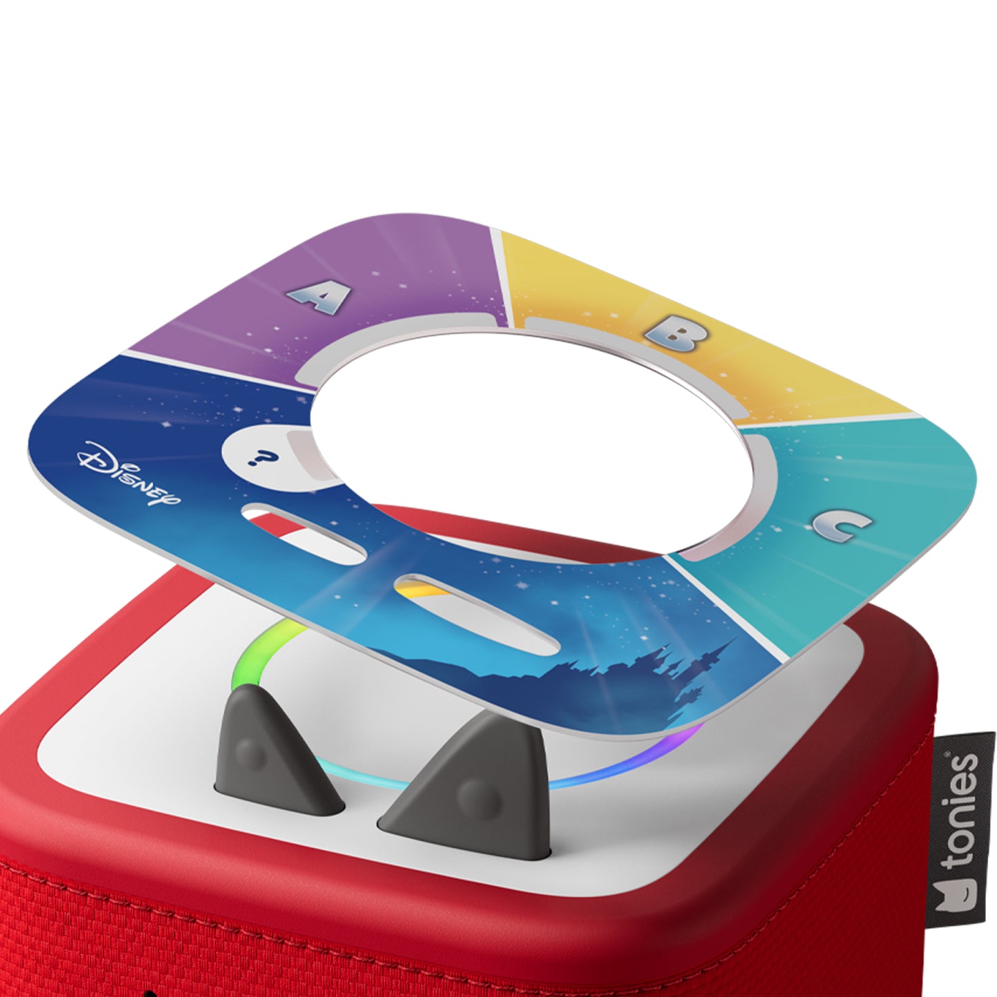 Colorful toy disc with a red base and Disney logo on a white background