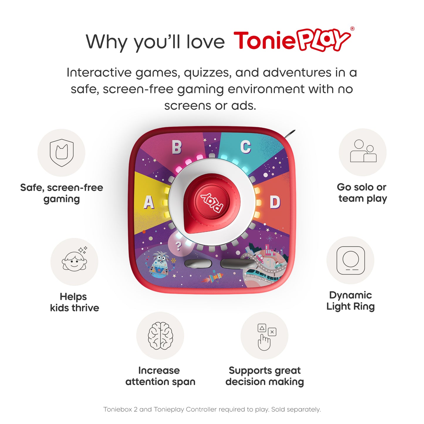 ToniePlay product with features listed on a white background