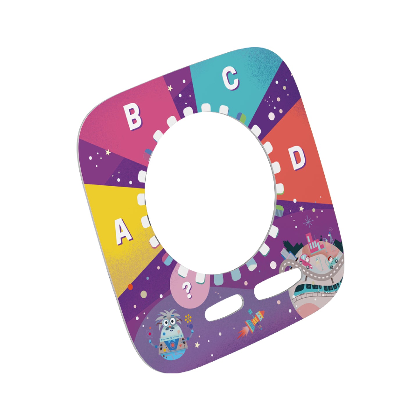 Colorful children's potty training seat with letters A to D on a white background