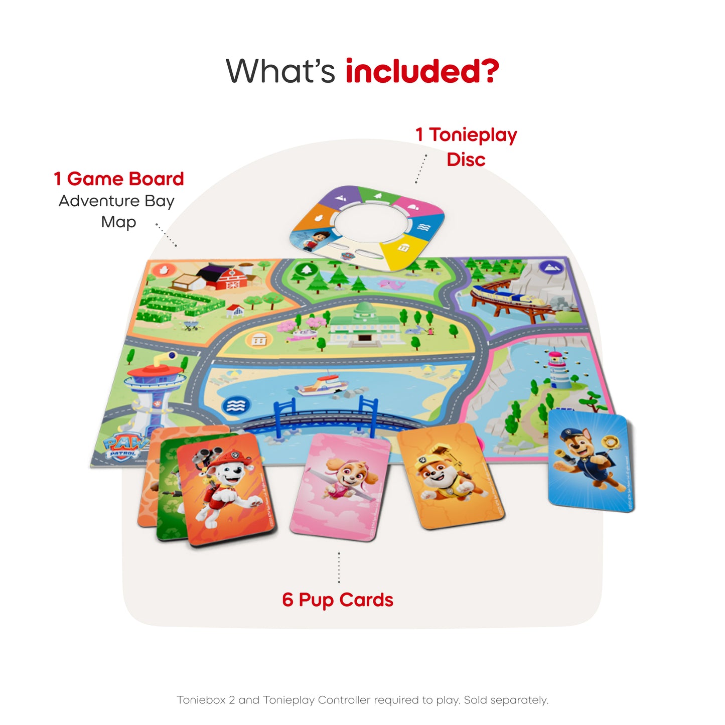 Toy game set with game board, disc, and cards on a white background