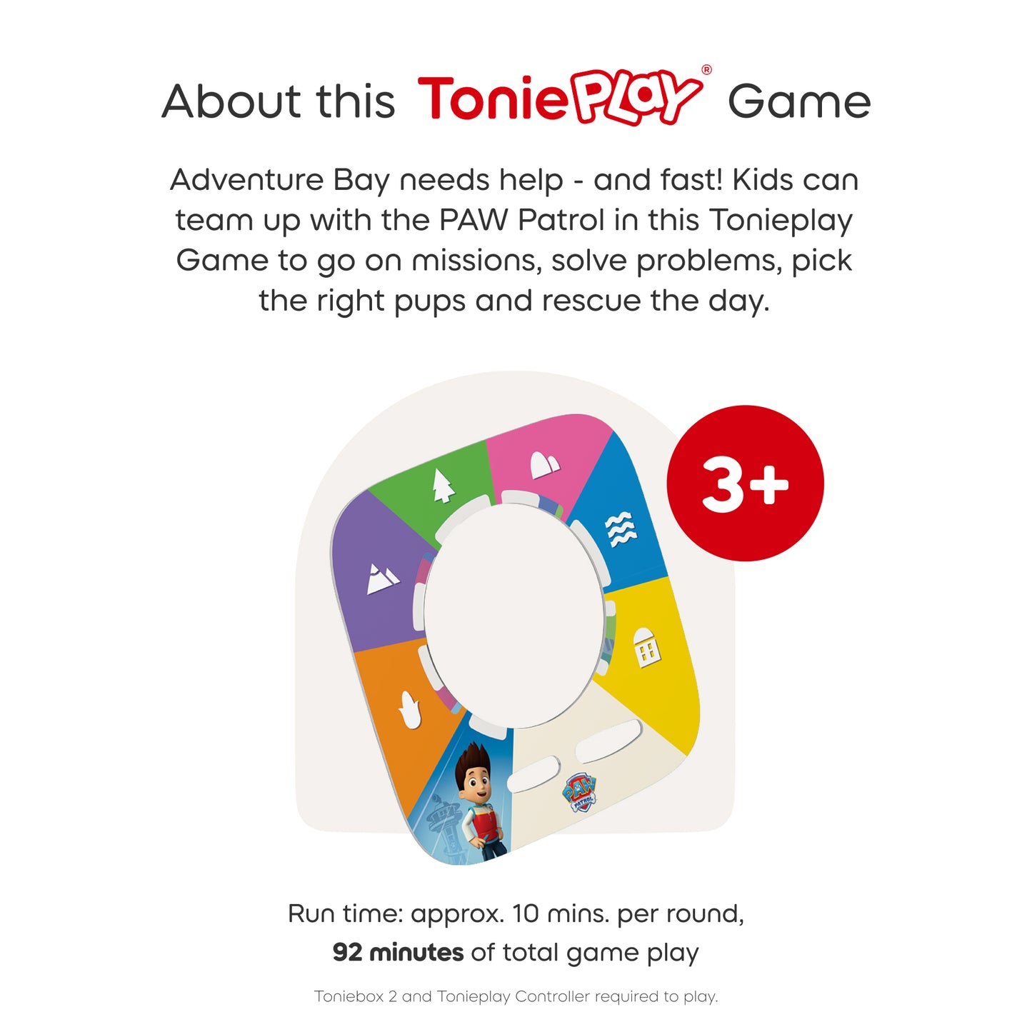 ToniePlay game packaging with colorful design and text about the game's features.