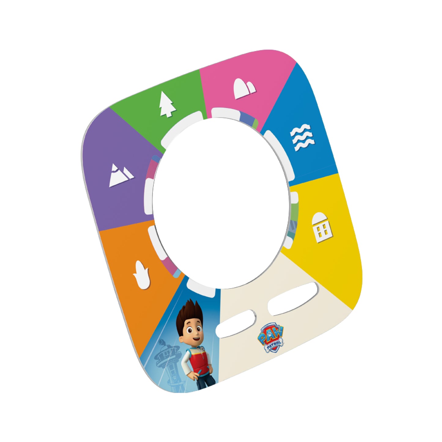Colorful children's potty seat with cartoon character and icons on a white background