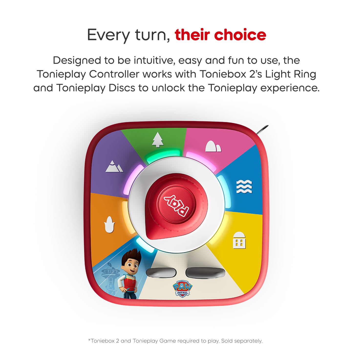 Colorful Tonieplay Controller with text about its features on a white background