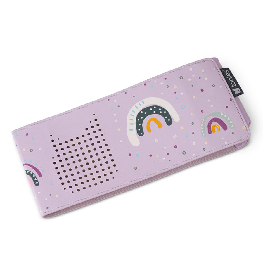 Purple pouch with rainbow designs on a white background