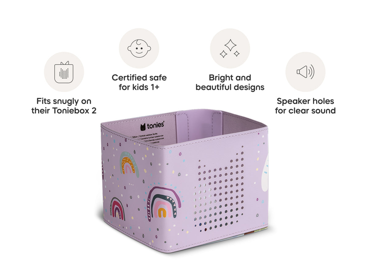 Purple storage box with rainbow designs on a white background, featuring text about its features.