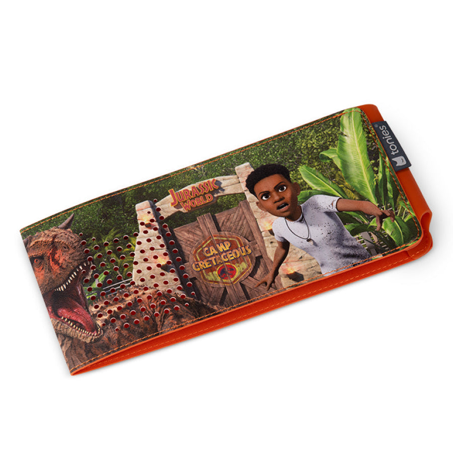 Pencil case with a dinosaur and boy design on a white background