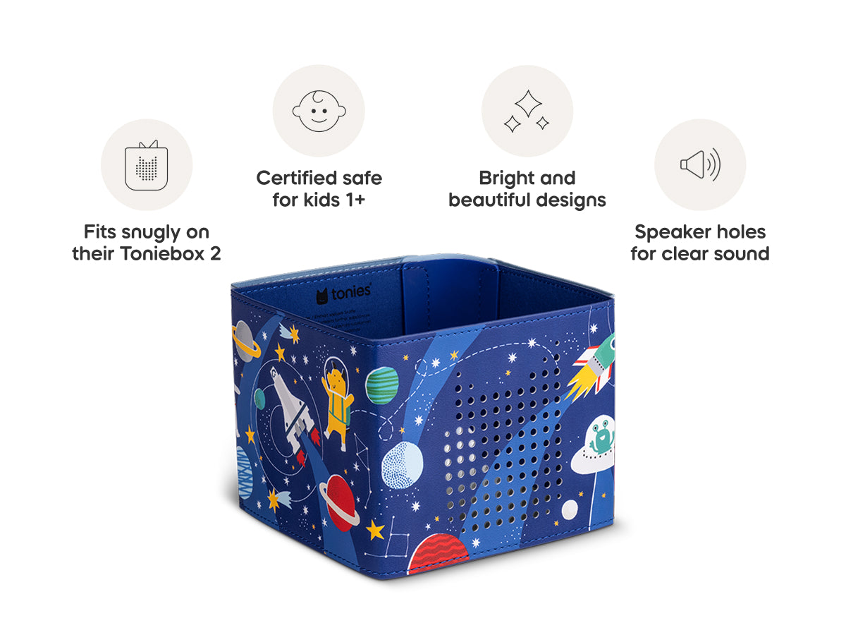 Blue storage box with space-themed design on a white background