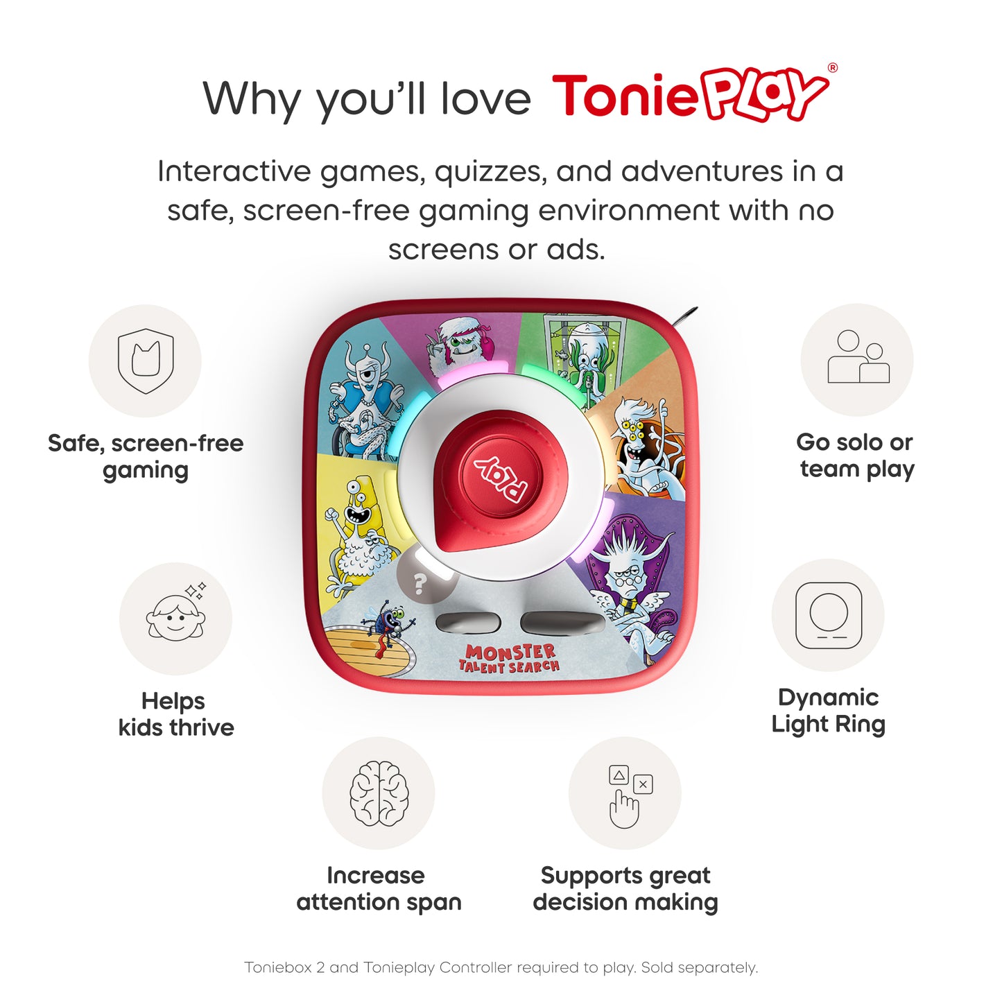 ToniePlay product with features listed on a white background