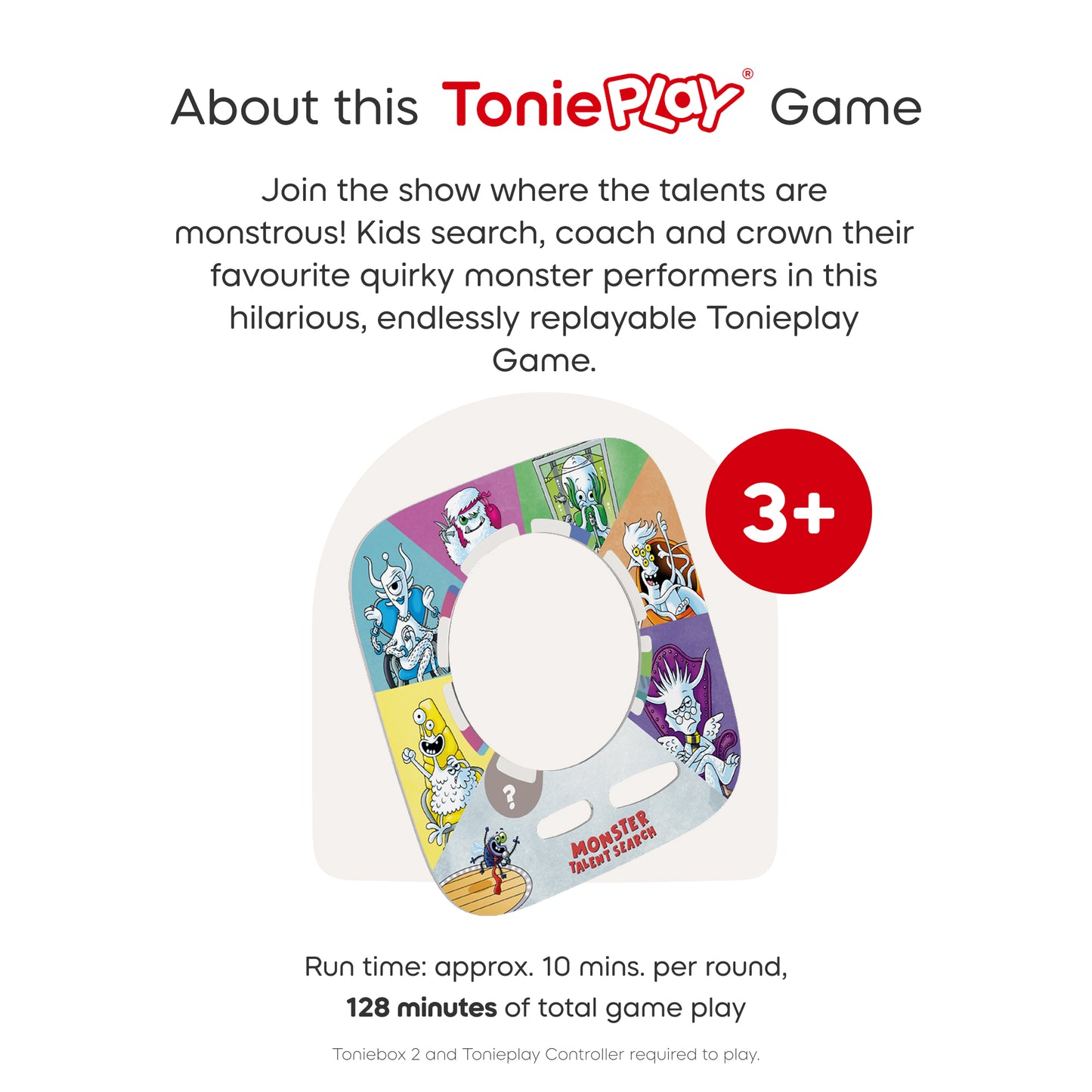 ToniePlay game packaging with colorful monster illustrations and text about the game.