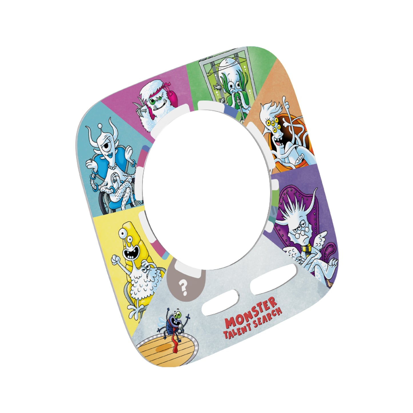 Colorful toilet seat with cartoon characters on a white background