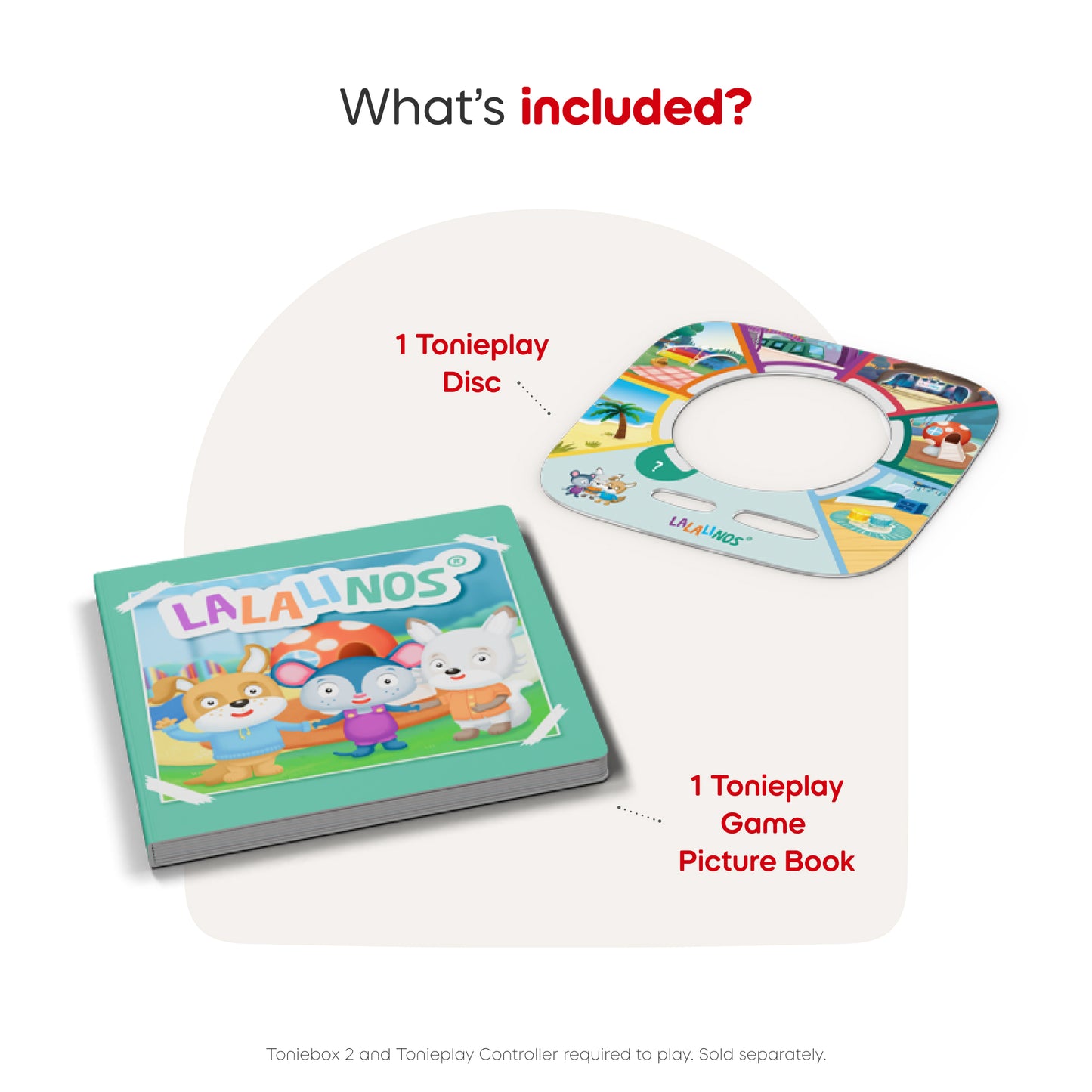 Tonieplay disc and picture book with LALALINOS branding on a white background