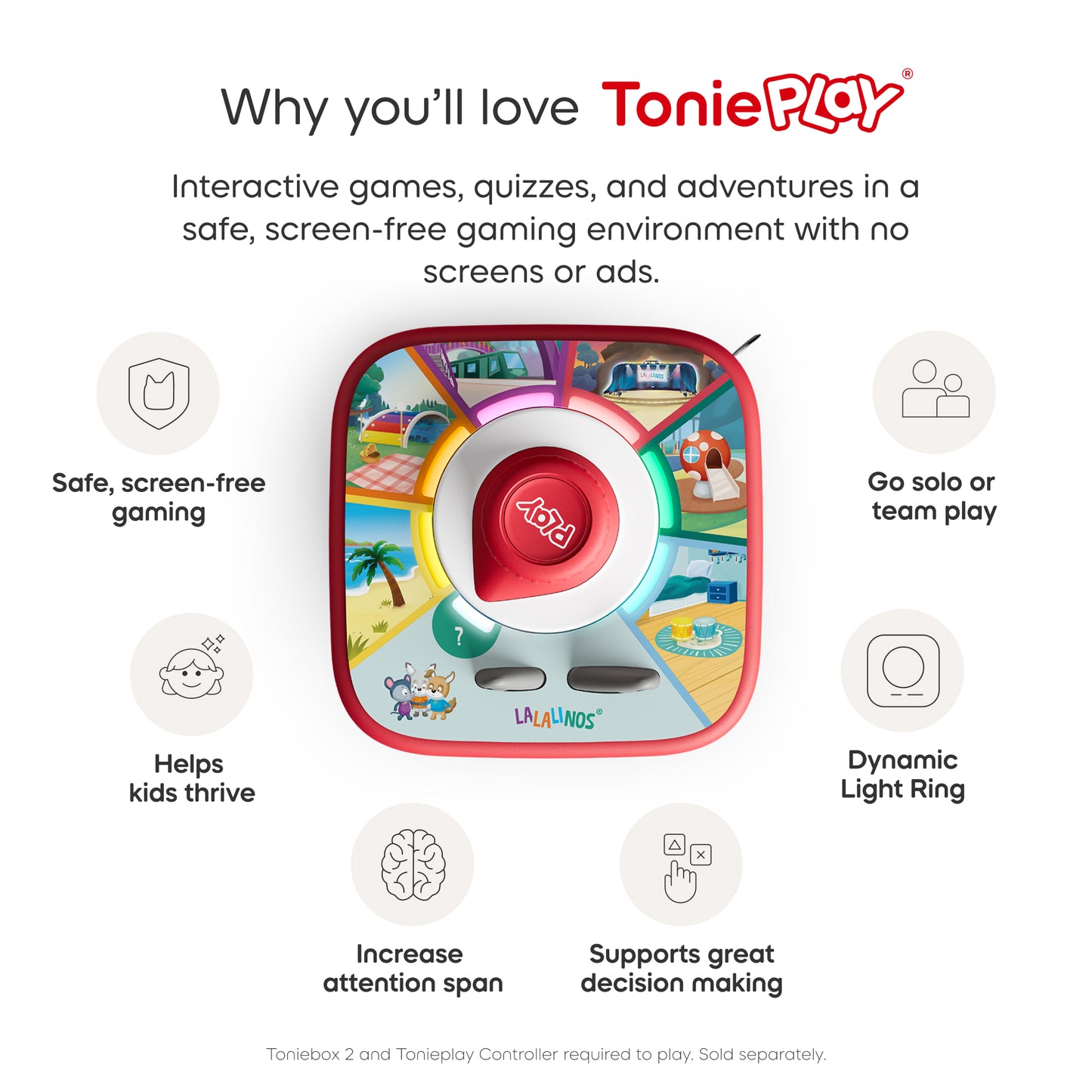 ToniePlay product with features listed on a white background