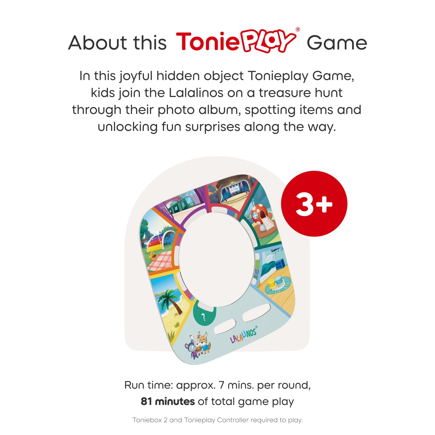 ToniePlay game packaging with colorful design and text about the game on a white background