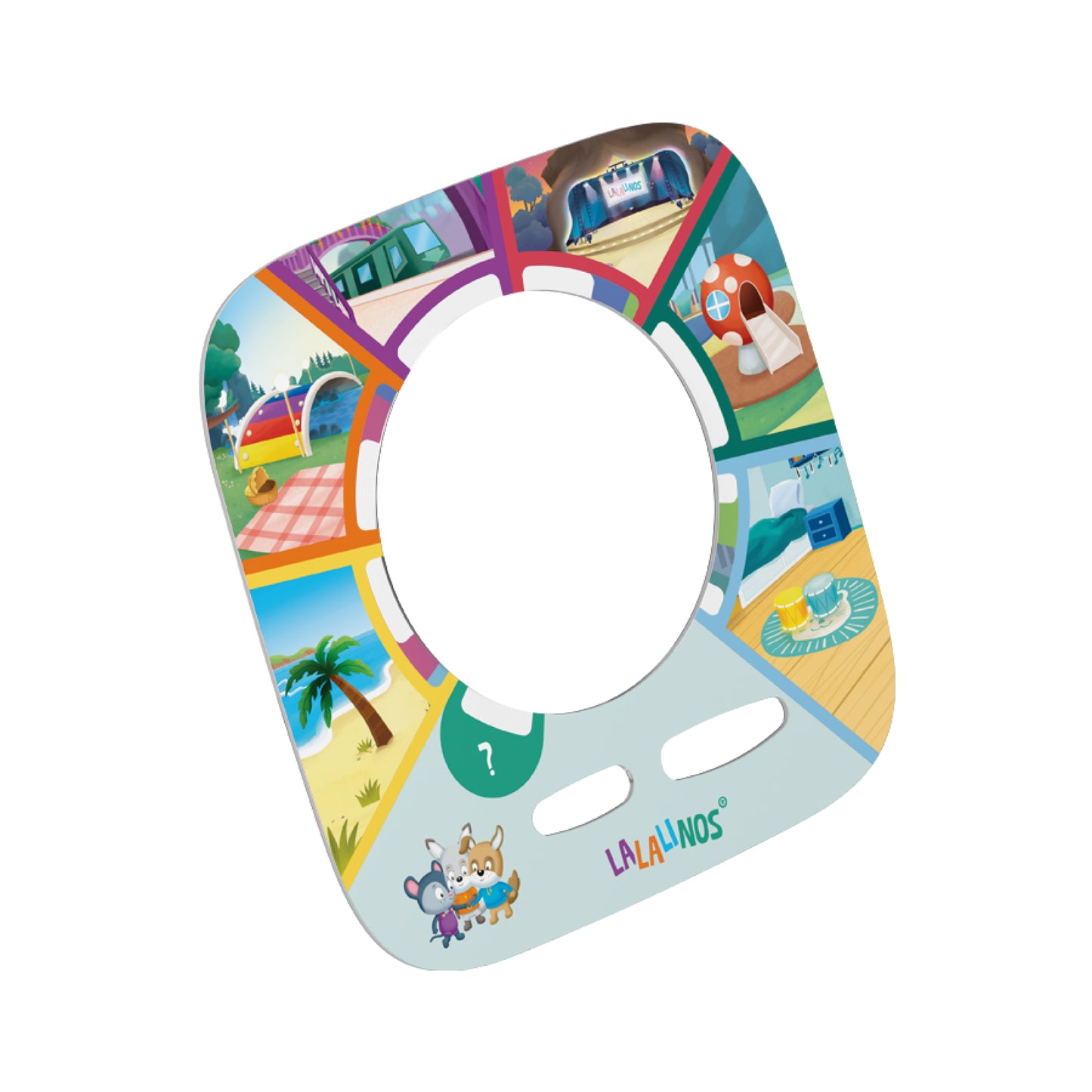 Colorful children's toilet seat with various scenes and 'Lalaland' branding on a white background.