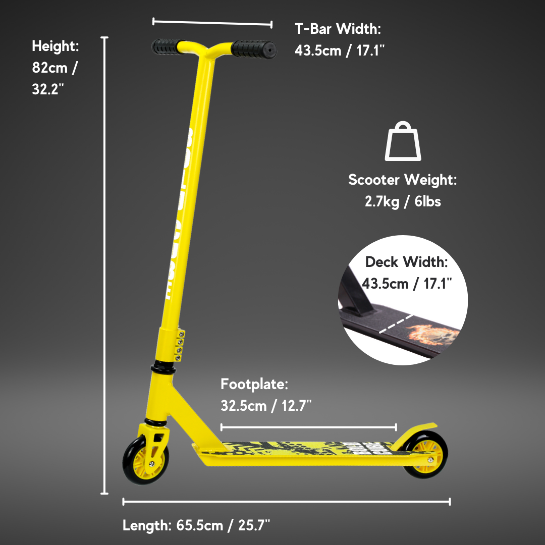 Yellow scooter with detailed measurements on a gray background