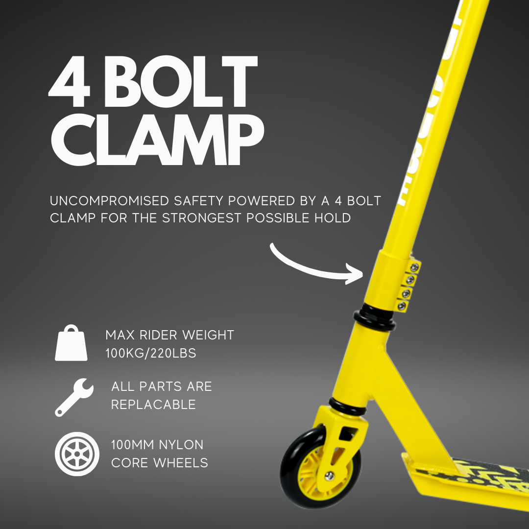 Yellow scooter with 4 bolt clamp feature on a gray background