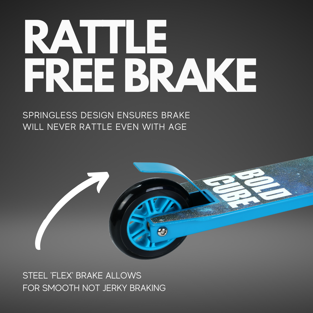 Blue scooter with 'Gold Cube' branding on a gray background, highlighting 'Rattle Free Brake' feature.