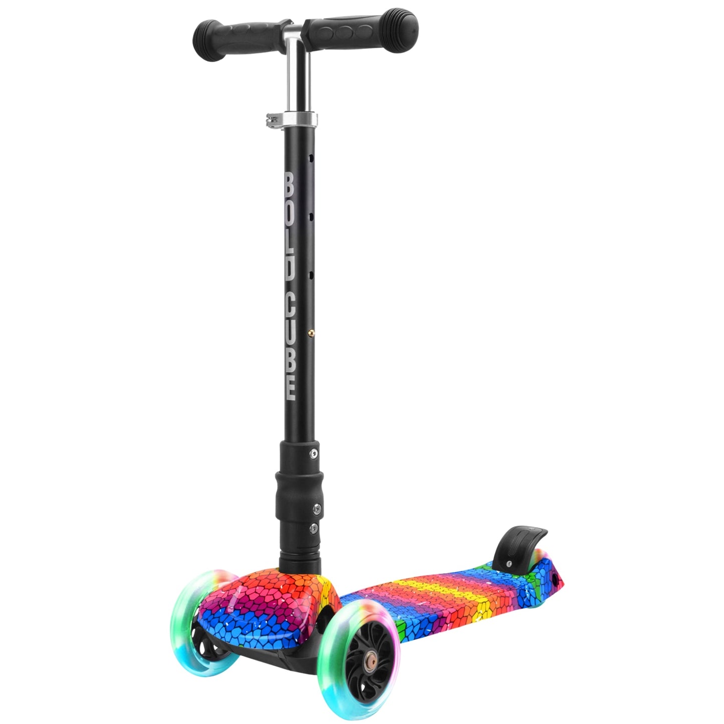 Colorful scooter with rainbow wheels on a white background