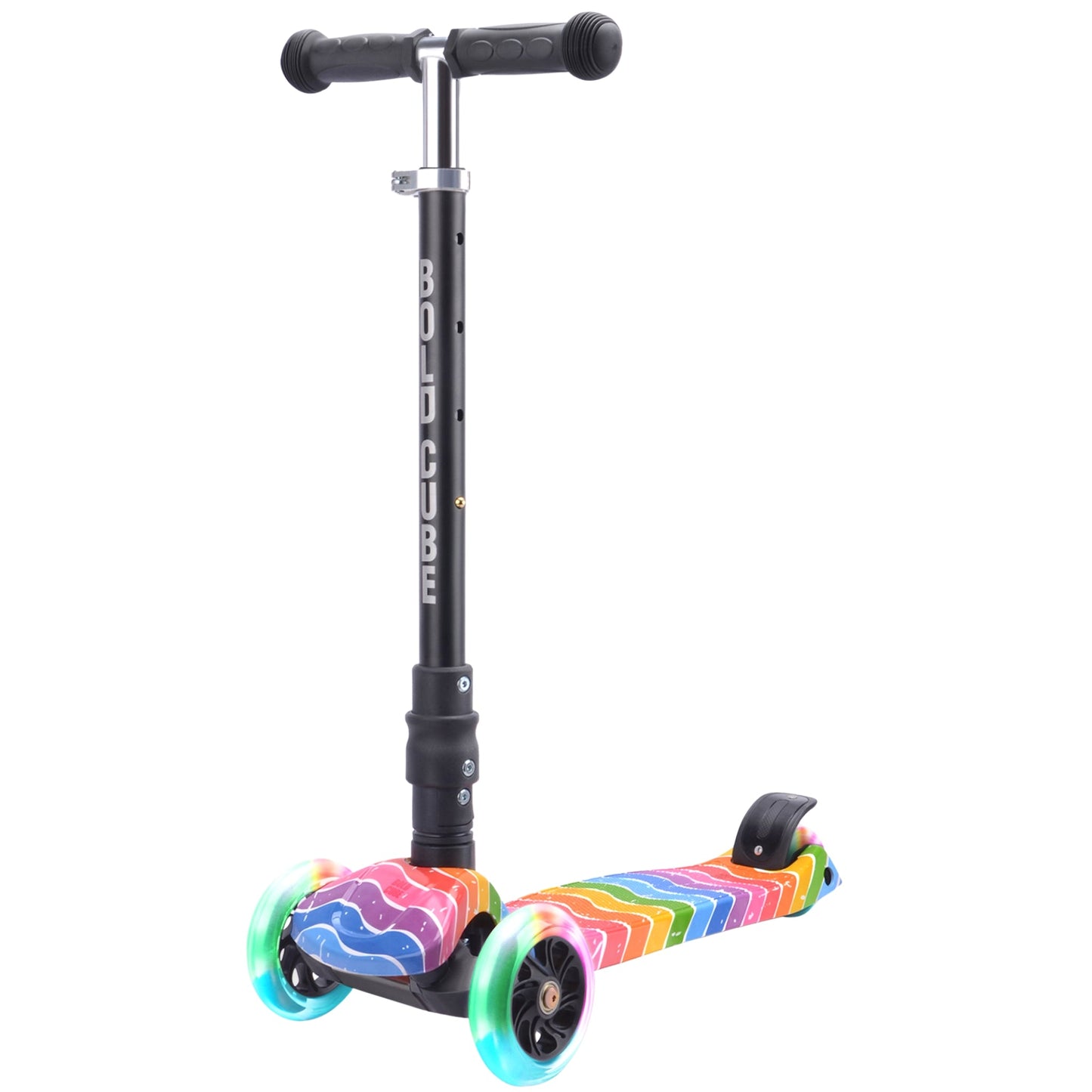 Children's scooter with rainbow-colored wheels on a white background