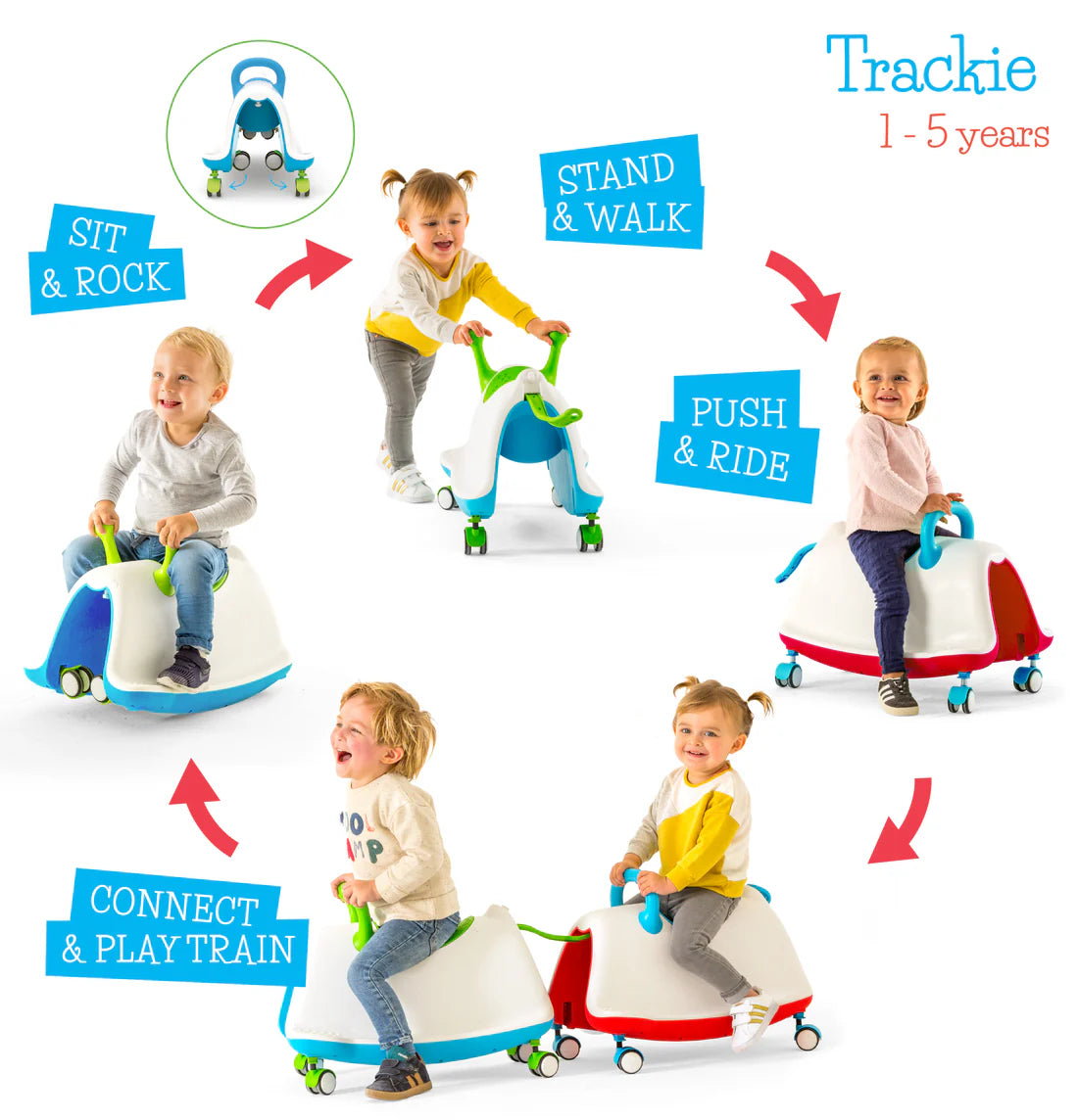 Children playing with a multi-functional toy trackie in various modes on a white background.