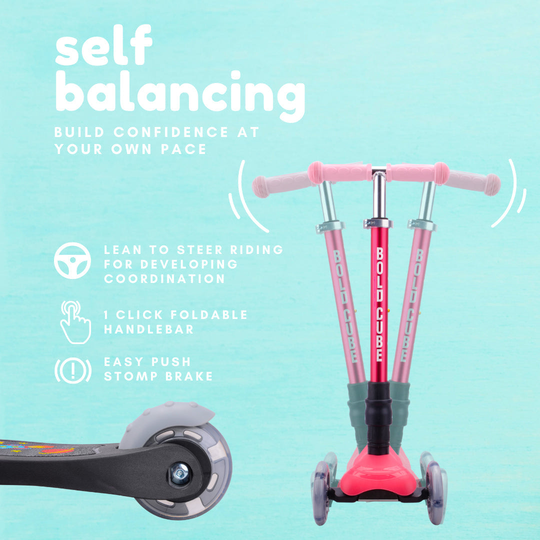 Pink and gray self-balancing scooter with features listed on a light blue background