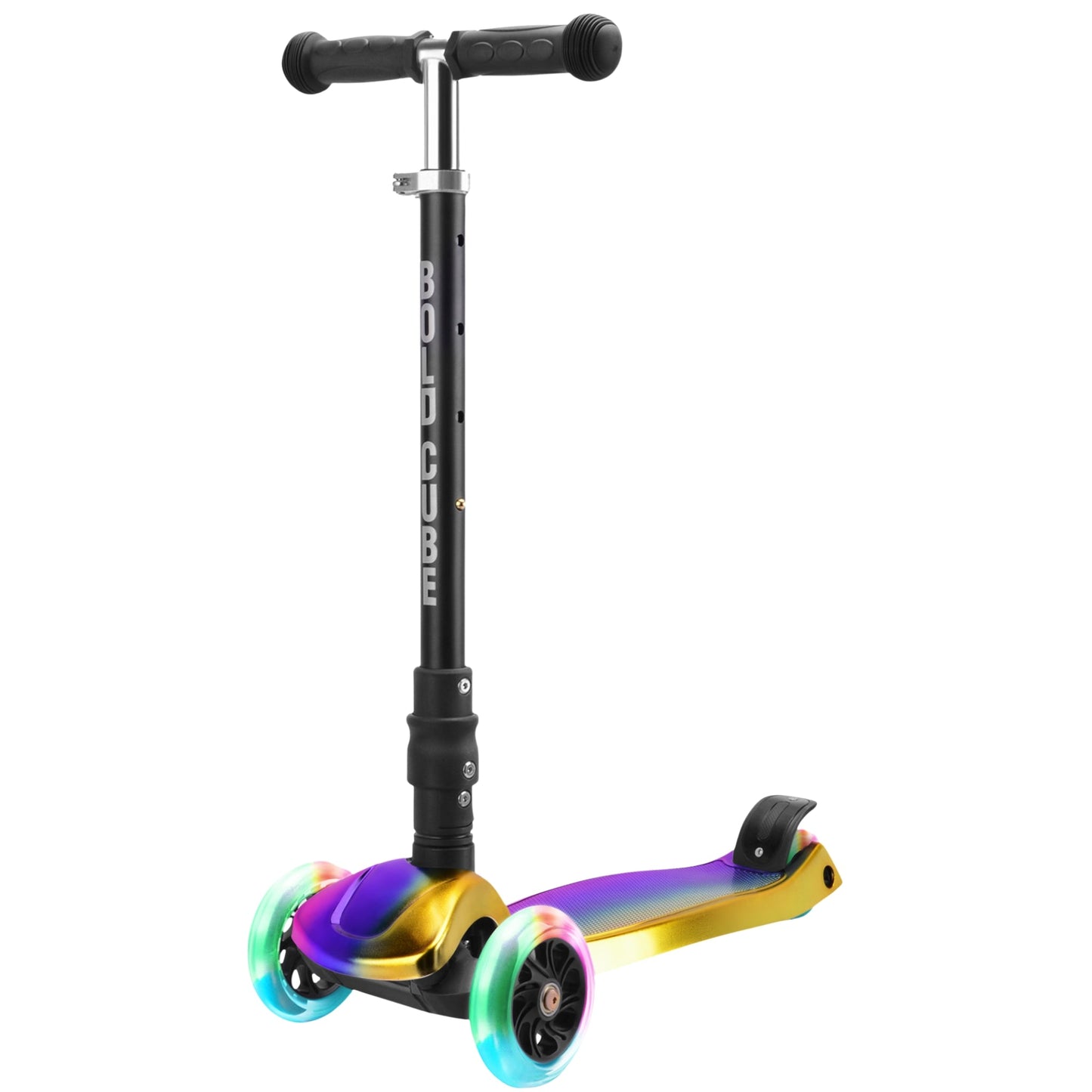 Children's scooter with rainbow wheels on a white background