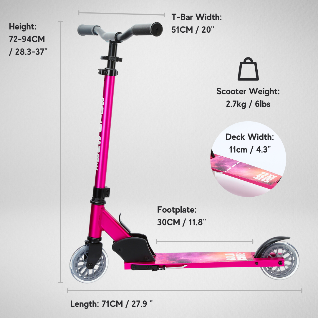 Pink scooter with measurements on a gray background