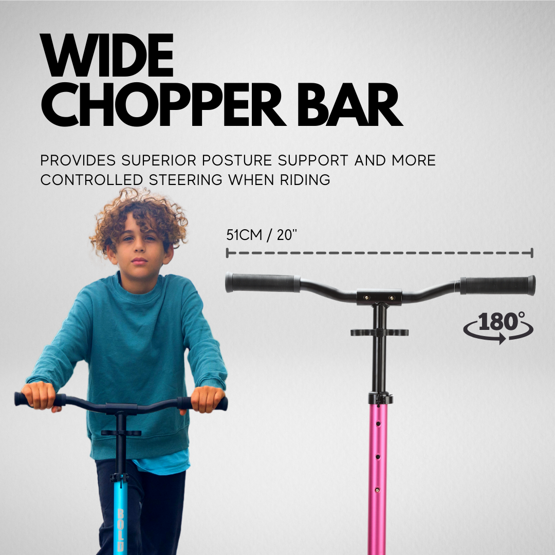 Child with a scooter and text about a wide chopper bar