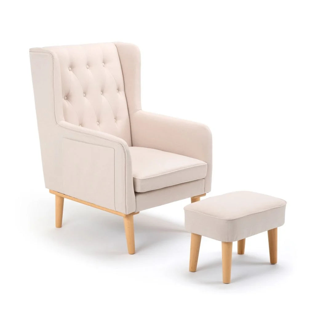 Beige armchair with matching ottoman on a white background
