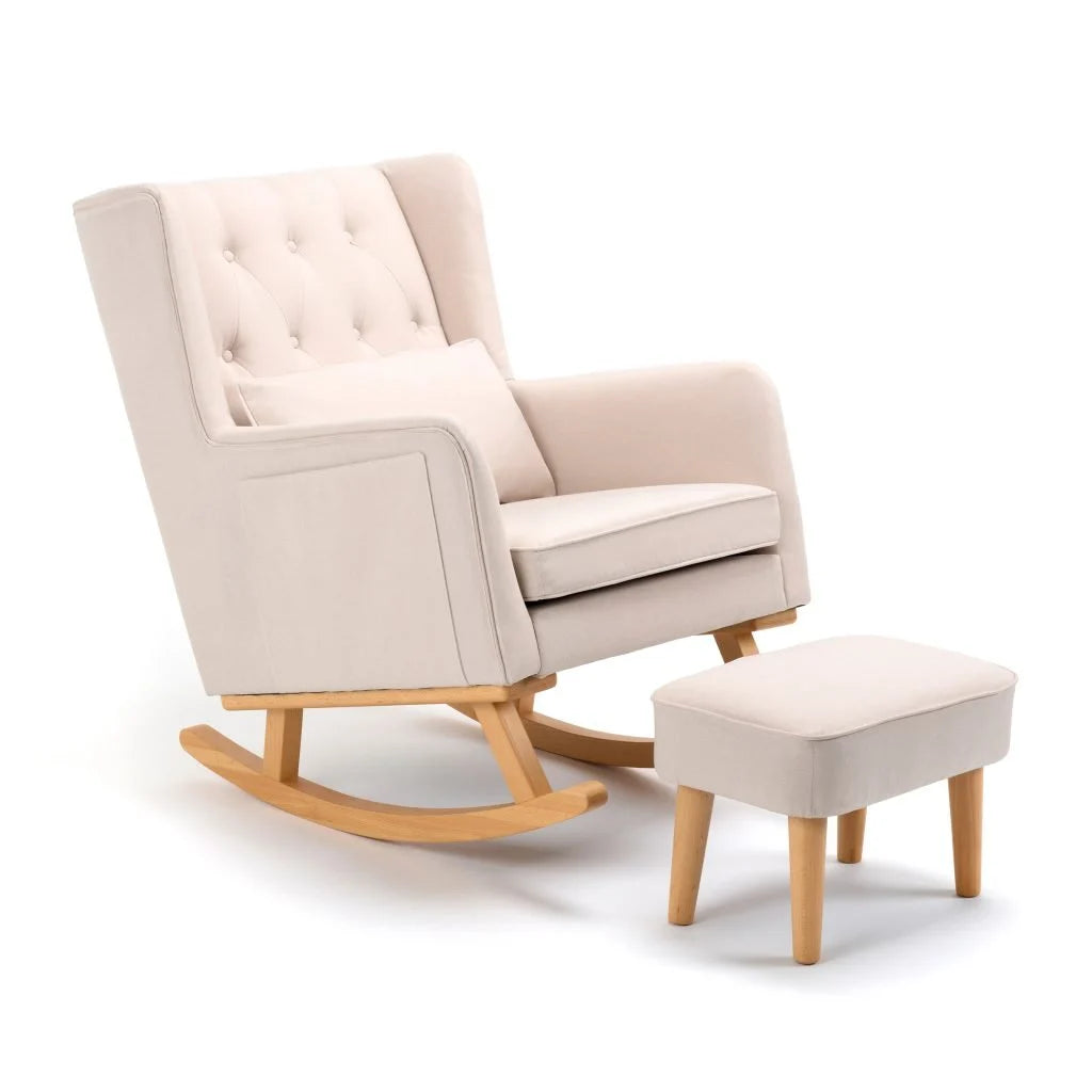 Beige rocking chair with ottoman on a white background