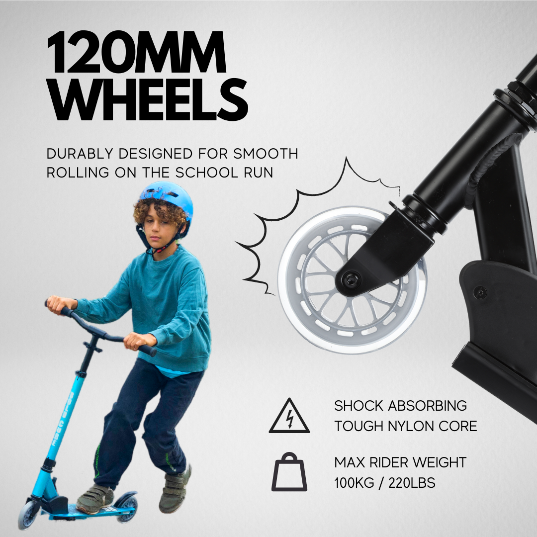 Child riding a scooter with 120mm wheels, highlighting product features on a gray background.