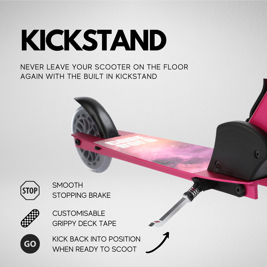 Pink scooter with kickstand feature on a gray background