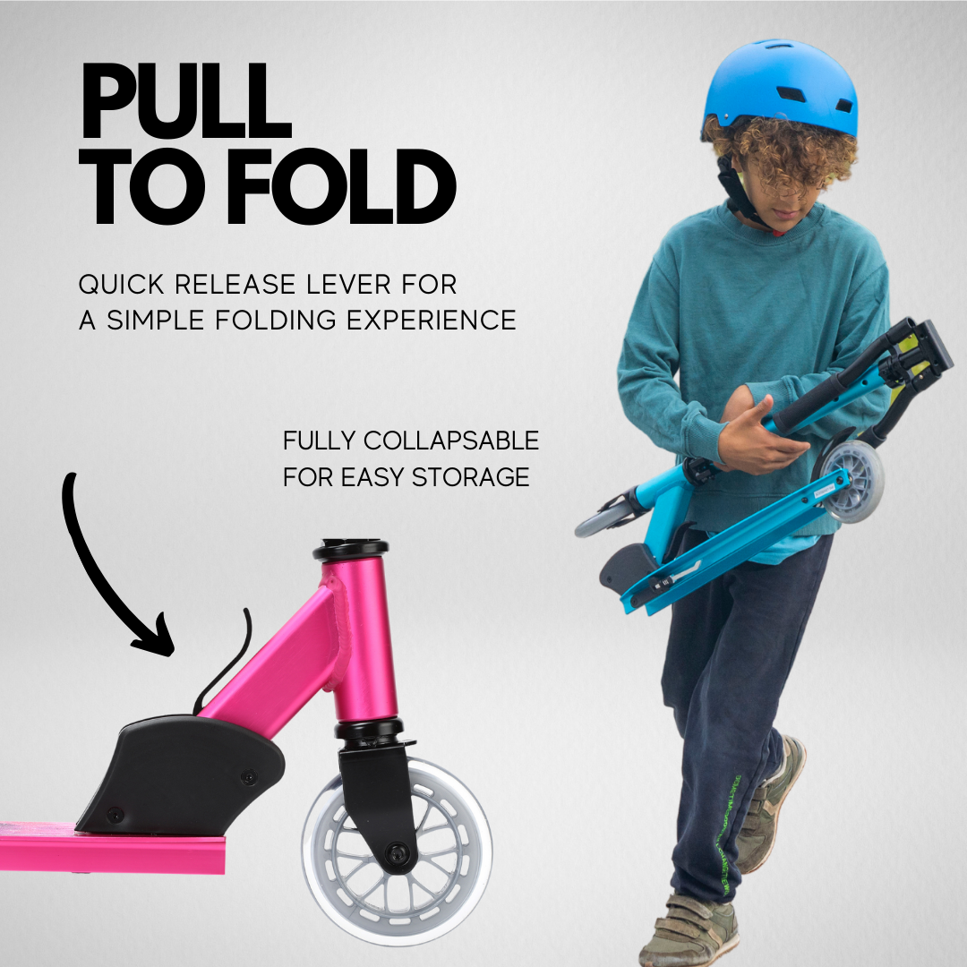 Child holding a collapsible scooter with text on folding mechanism