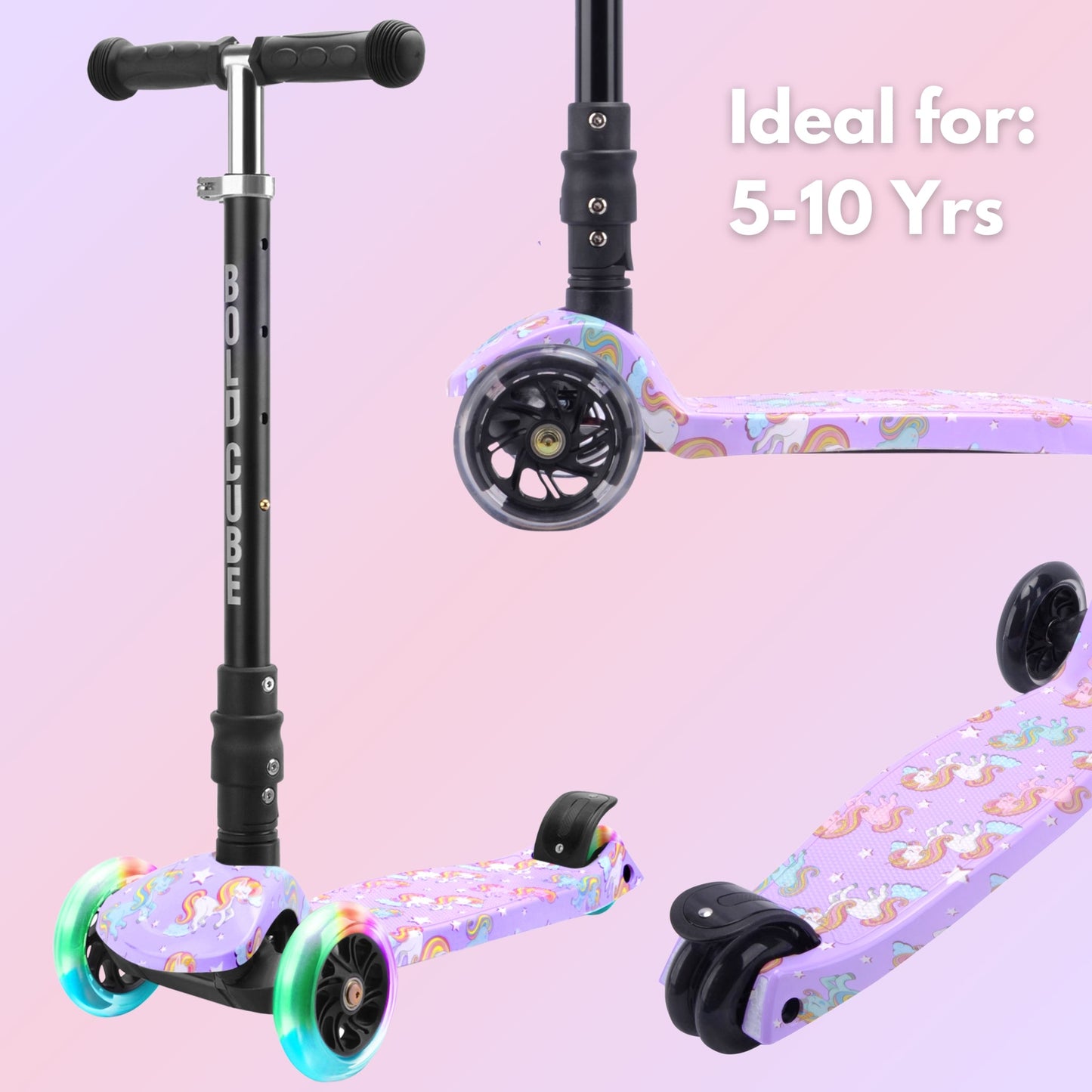 Children's scooter with rainbow wheels on a pink background, ideal for ages 5-10.