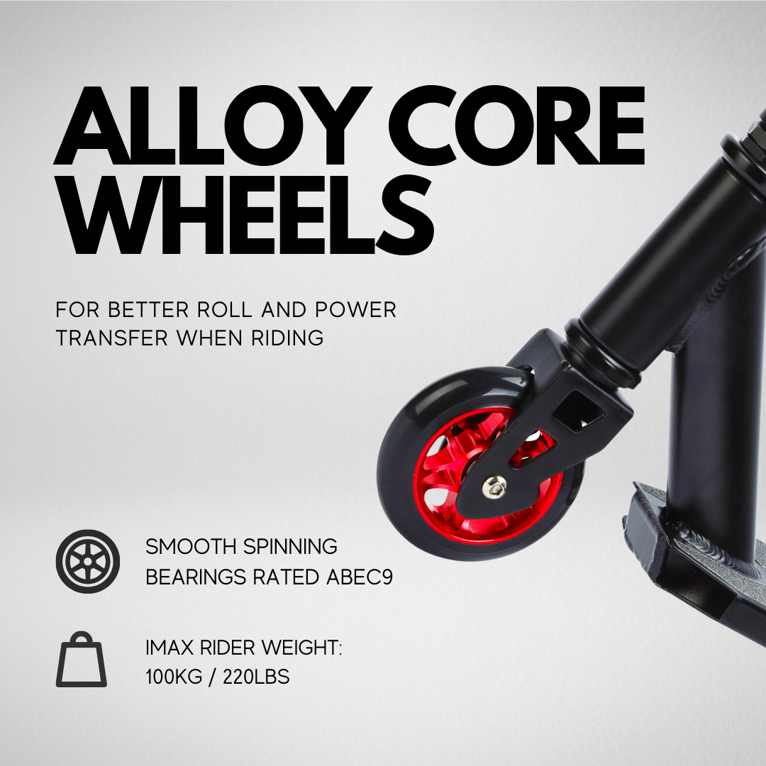 Promotional image of alloy core wheels with red rim and black frame on a gray background.